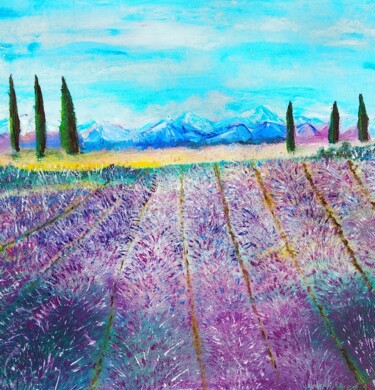 Ζωγραφική με τίτλο "Lavender fields oil…" από Lena Vanli, Αυθεντικά έργα τέχνης, Λάδι