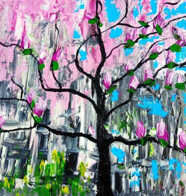 Painting titled "Abstract magnolia o…" by Lena Vanli, Original Artwork, Oil