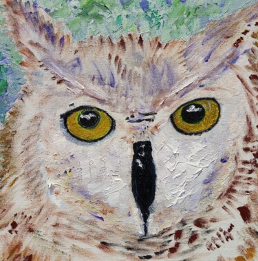 Painting titled "Owl oil original pa…" by Lena Vanli, Original Artwork, Oil