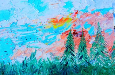 Schilderij getiteld "Mountains in forest…" door Lena Vanli, Origineel Kunstwerk, Olie