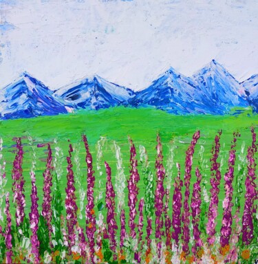 Painting titled "Mountains and meado…" by Lena Vanli, Original Artwork, Oil