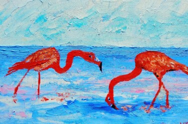 Ζωγραφική με τίτλο "Flamingo seacoast/o…" από Lena Vanli, Αυθεντικά έργα τέχνης, Λάδι