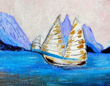 Ζωγραφική με τίτλο "Seaboat/sea/oil ori…" από Lena Vanli, Αυθεντικά έργα τέχνης, Λάδι