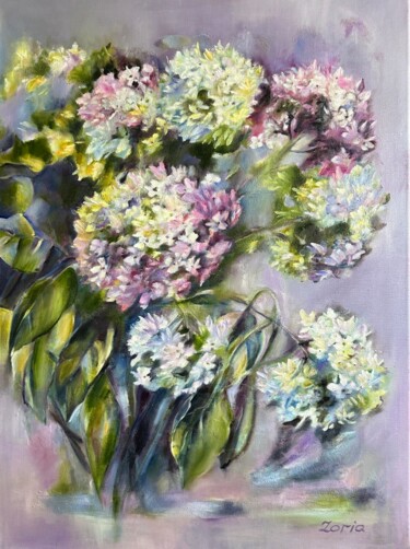 Painting titled "Hydrangea" by Lena Zoria, Original Artwork, Oil Mounted on Wood Stretcher frame