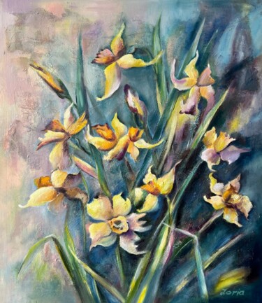 Painting titled "NARCISSI II" by Lena Zoria, Original Artwork, Oil Mounted on Wood Stretcher frame