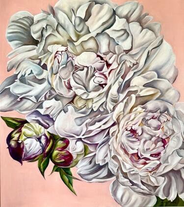 Painting titled "PEONIES" by Lena Zoria, Original Artwork, Oil Mounted on Wood Stretcher frame