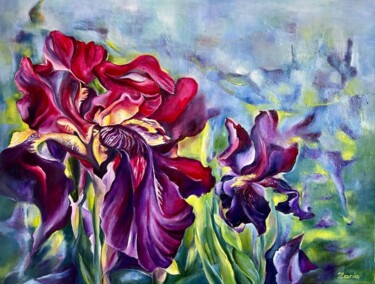 Картина под названием "Irises II" - Lena Zoria, Подлинное произведение искусства, Масло Установлен на Деревянная рама для но…