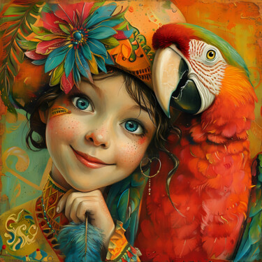 Digital Arts titled "A girl with a parrot" by Lena Zoria, Original Artwork, Digital Collage