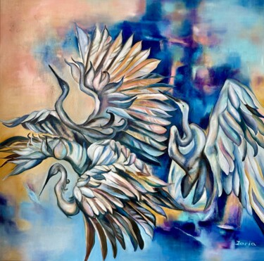 Painting titled "CRANES" by Lena Zoria, Original Artwork, Oil Mounted on Wood Stretcher frame