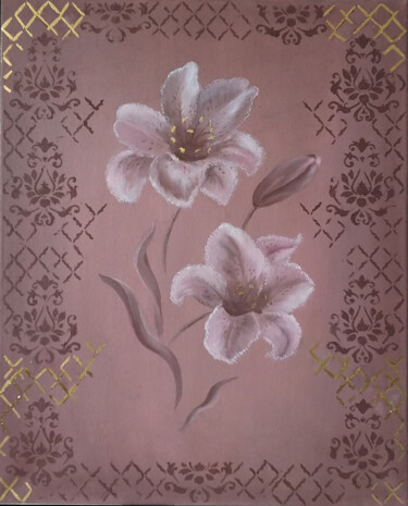 Painting titled "Lilies" by Elena Makhonina, Original Artwork, Oil Mounted on Wood Stretcher frame