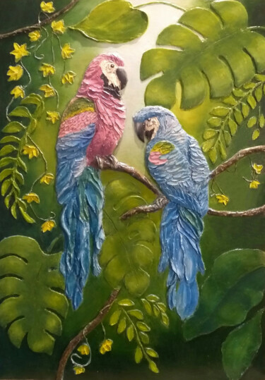 Pintura titulada "perroquets" por Elena Makhonina, Obra de arte original, Oleo Montado en Panel de madera