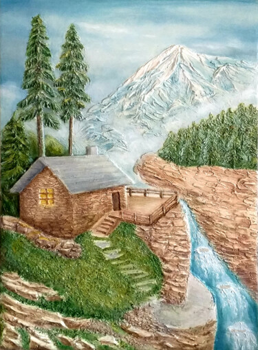 Painting titled "maison à la montagne" by Elena Makhonina, Original Artwork, Oil