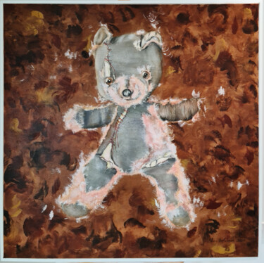 Painting titled "Teddy bear 🧸" by Lena Applebaum, Original Artwork, Oil Mounted on Wood Stretcher frame