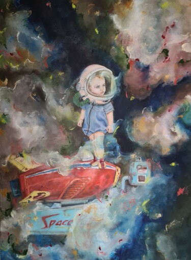 Painting titled "Spacebaby on a Miss…" by Lena Applebaum, Original Artwork, Oil