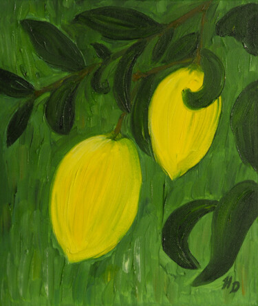 Painting titled "Lemons on a lemon t…" by Helen Dan, Original Artwork, Oil Mounted on Wood Stretcher frame