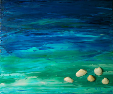 Painting titled "The blue sea with n…" by Helen Dan, Original Artwork, Oil Mounted on Wood Stretcher frame