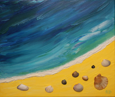Painting titled "The beach, sea and…" by Helen Dan, Original Artwork, Oil Mounted on Wood Stretcher frame
