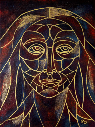 绘画 标题为“The woman's face in…” 由Helen Dan, 原创艺术品, 丙烯 安装在木质担架架上