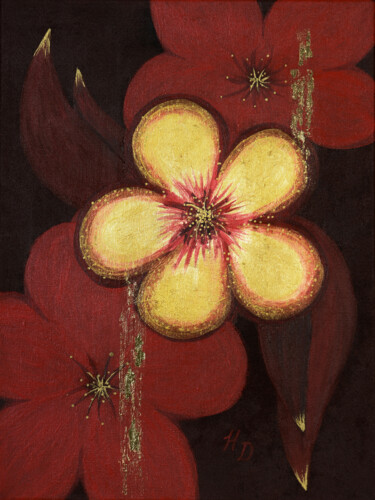 Painting titled "Gold and red flower…" by Helen Dan, Original Artwork, Acrylic Mounted on Wood Stretcher frame