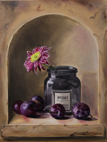 Painting titled "Still life with plu…" by Elena Lyutcher, Original Artwork, Oil Mounted on Wood Stretcher frame