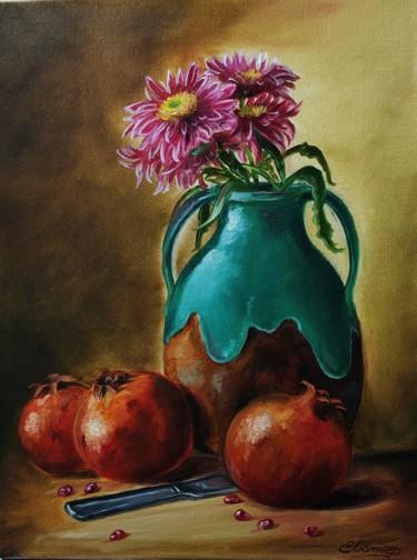 Painting titled "Still life with gre…" by Elena Lyutcher, Original Artwork, Oil Mounted on Wood Stretcher frame