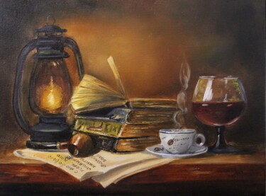 Painting titled "On a cozy, warm eve…" by Elena Lyutcher, Original Artwork, Oil Mounted on Wood Stretcher frame