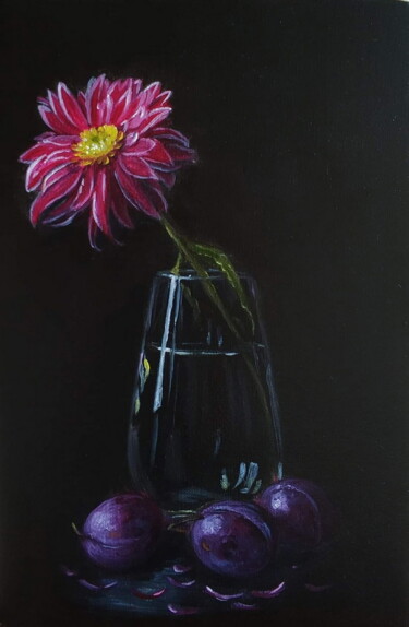 Painting titled "Still life in plum…" by Elena Lyutcher, Original Artwork, Oil Mounted on artwork_cat.