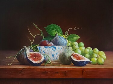 Painting titled "Figs on a wooden ta…" by Lenard Kocsis, Original Artwork, Oil