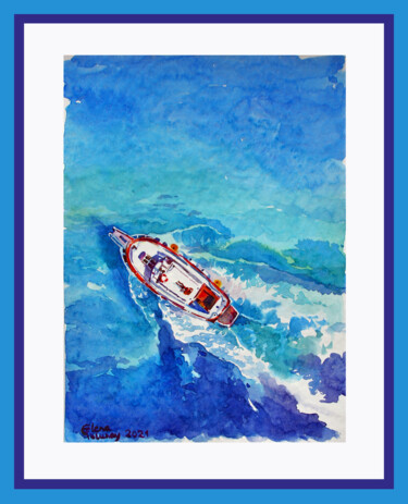 Painting titled "Sunny Boat" by Lena Tolunay, Original Artwork, Watercolor
