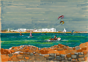 Zeichnungen mit dem Titel "Windsurfing in Lago…" von Lena Tolunay, Original-Kunstwerk, Marker