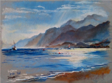 Malerei mit dem Titel "Sunset in Lagoon" von Lena Tolunay, Original-Kunstwerk, Pastell