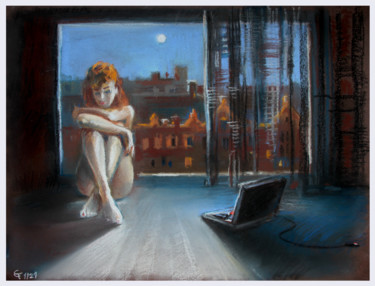 Painting titled "Under the moon light" by Lena Tolunay, Original Artwork, Pastel