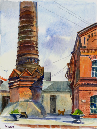 Painting titled "Old Factory" by Lena Tolunay, Original Artwork, Watercolor