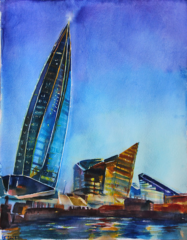Картина под названием "Lakhta Skyscraper a…" - Lena Tolunay, Подлинное произведение искусства, Акварель