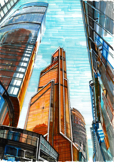 「Mercury Tower」というタイトルの描画 Lena Tolunayによって, オリジナルのアートワーク, マーカー 段ボールにマウント