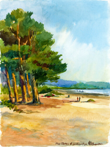 Peinture intitulée "Pine trees on the s…" par Lena Tolunay, Œuvre d'art originale, Aquarelle