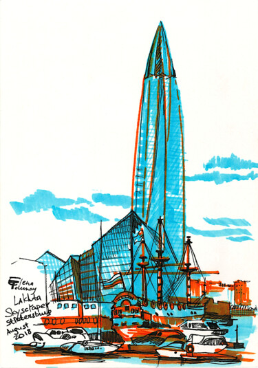 Schilderij getiteld "Lakhta Skyscraper a…" door Lena Tolunay, Origineel Kunstwerk, Marker