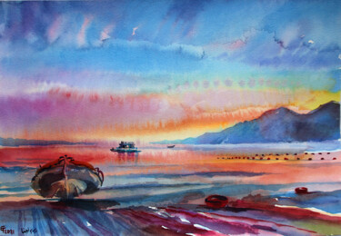 Painting titled "Red Sunset" by Lena Tolunay, Original Artwork, Watercolor
