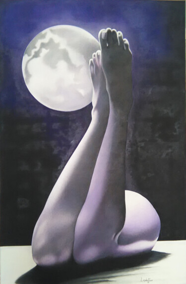 Painting titled "Au clair de la lune" by Lenda Bavedila, Original Artwork, Oil Mounted on Wood Stretcher frame