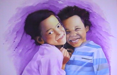 Painting titled "Harmo et Lenny" by Lenda Bavedila, Original Artwork, Oil Mounted on Wood Stretcher frame