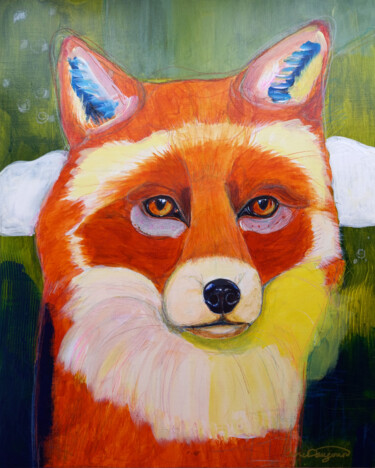 Painting titled "Meeting Wise Fox -…" by Lene Daugaard, Original Artwork, Acrylic Mounted on Wood Panel