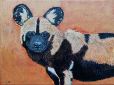 Painting titled "African Wild Dog" by Lene Daugaard, Original Artwork, Acrylic Mounted on Wood Stretcher frame