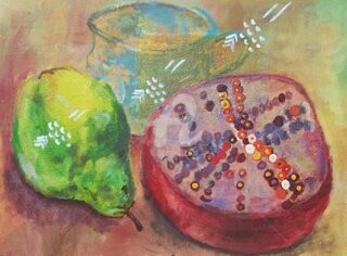 Painting titled "Pommegranate, Pear,…" by Lenka Graner, Original Artwork, Oil