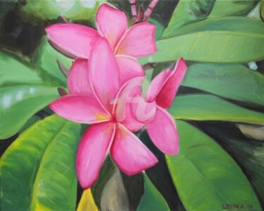 Painting titled "Pink Plumeria" by Lenka Graner, Original Artwork, Oil Mounted on Wood Stretcher frame