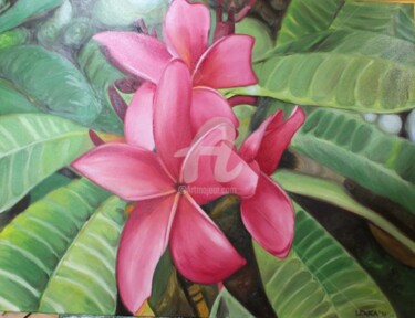 Painting titled "Pink Plumerias" by Lenka Graner, Original Artwork, Oil Mounted on Wood Stretcher frame