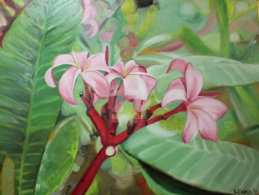 Painting titled "Pink Tropical Frang…" by Lenka Graner, Original Artwork, Oil Mounted on Wood Stretcher frame