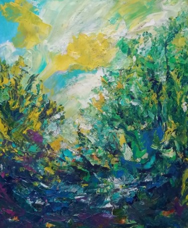 Картина под названием "Жёлтое облако" - Malenka, Подлинное произведение искусства, Акрил Установлен на Деревянная рама для н…