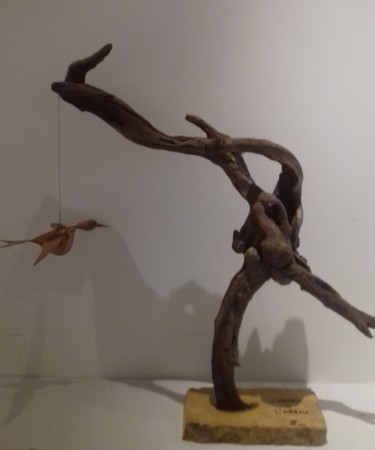 Sculpture intitulée "l'homme et l'oiseau" par François Lenormand, Œuvre d'art originale, Bois