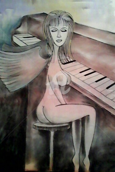 Картина под названием "Muse on Piano" - Leonid, Подлинное произведение искусства, Чернила