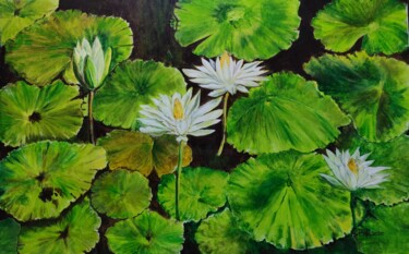 Painting titled "water lily" by Leo,Keihung Yip, Original Artwork, Oil Mounted on Wood Stretcher frame
